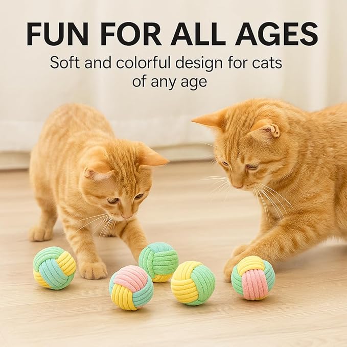 Cat Chew Balls – 6-Pack Rope Cat Toys with Crinkle Sound, Soft and Durable, for Indoor Cats, Kittens, Teeth & Gum Health