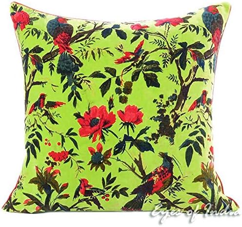 Eyes of India Velvet Floral Flower Bird Throw Pillow Sofa Cushion Cover Case Couch Colorful Boho Chic Bohemian Accent Indian Handmade (Light Green, 24" x 24")
