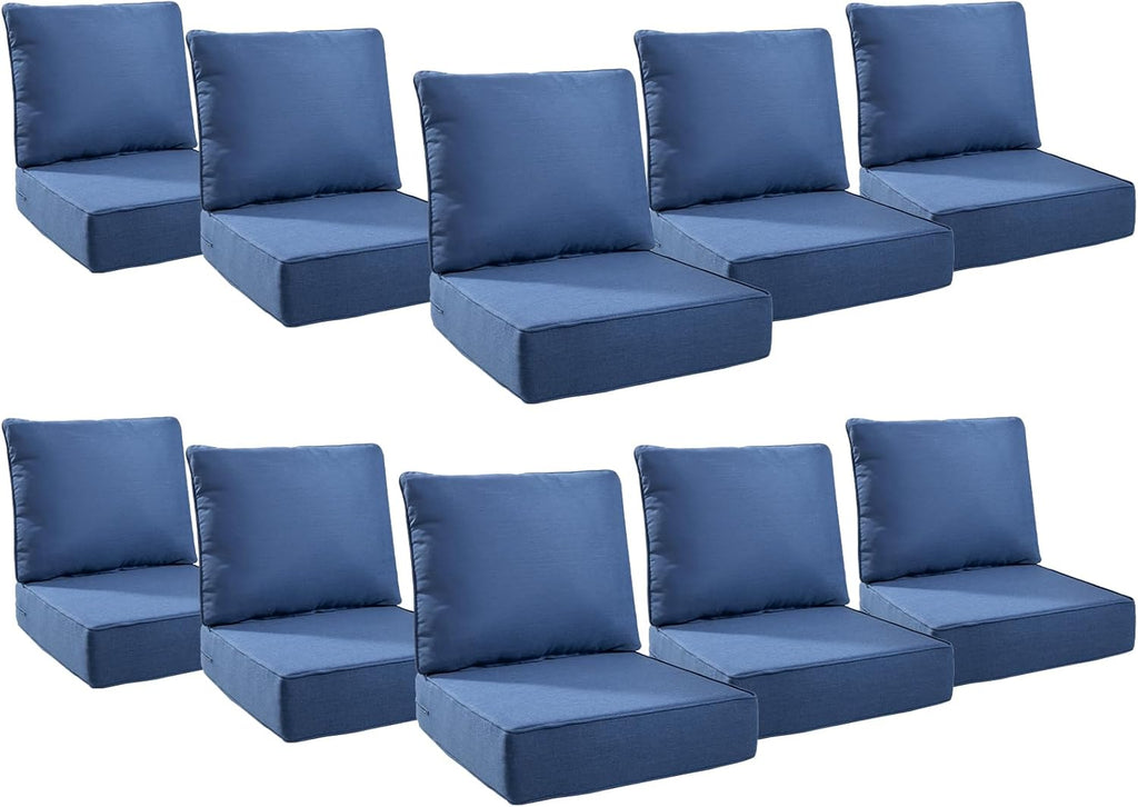 6" Thick Outdoor Cushions 24x24x6, 10-Set Deep Seat Patio Cushions with Removable Cover, Waterproof & Fade Resistant Replacement for Wicker Chair, Loveseat, Sofa - Blue