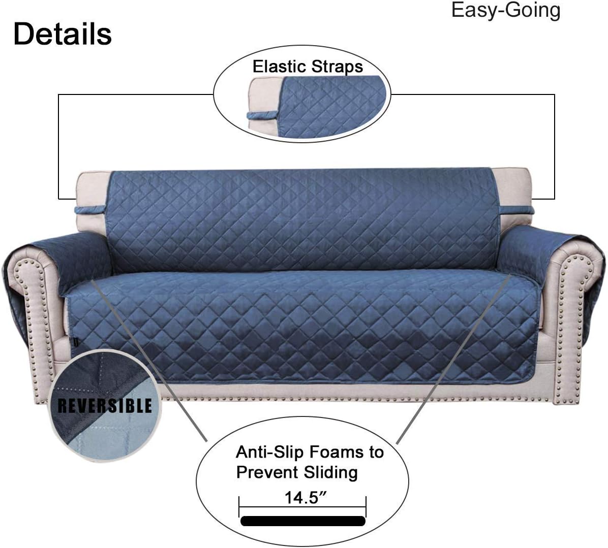 Easy-Going 4 Seater Sofa Slipcover Reversible Sofa Cover Water Resistant Couch Cover with Foam Sticks Elastic Straps Furniture Protector for Pets Children Dog Cat (XX-Large, Dark Blue/Light Blue)