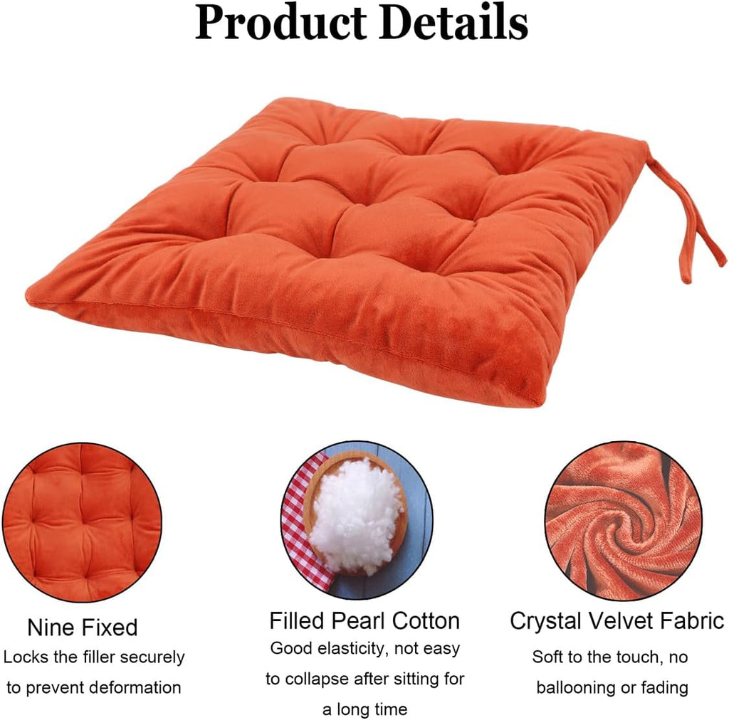 6 Pack Square Seat Cushion Chair Pads for Kitchen Dining Chairs, Soft Comfort Velvet Chair Mat Pillow Cushions with Ties for Office Desk Living Room Tatami 15.5", Orange
