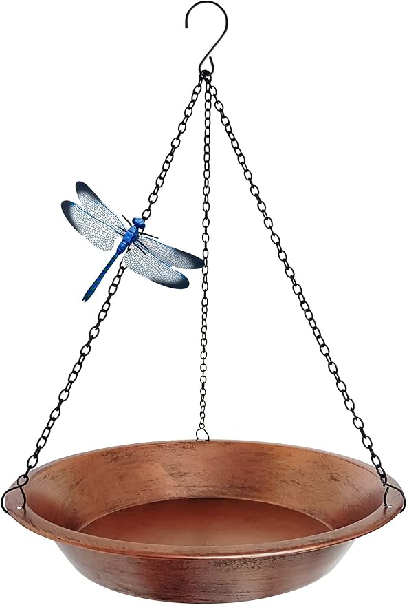 Hanging Bird Bath for Outdoor, Antique Copper Metal Bird Feeder Birdbath Bowl with 17” Rust-Proof Black Chains for Garden Backyard Decor