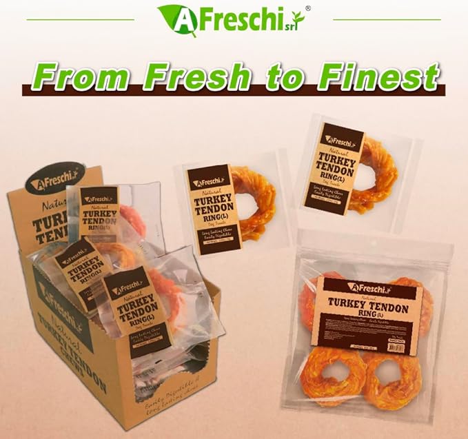 AFreschi Turkey Tendons for Dogs, USA-Sourced, Healthy Dog Treats, Rawhide-Free Puppy Chews, Long Lasting, All Natural, Hypoallergenic Dog Treats for Large Breeds, 10 oz Pack Ring (L)