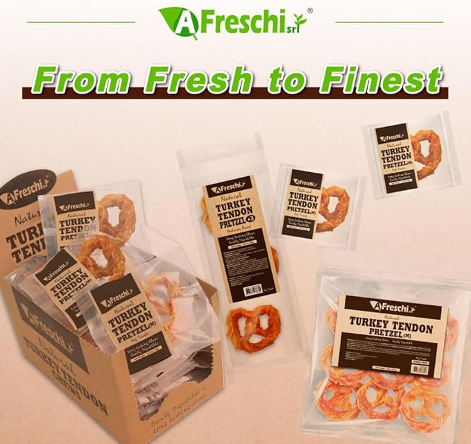 AFreschi Turkey Tendons for Dogs, USA-Sourced, Healthy Dog Treats, Rawhide-Free Puppy Chews, Long Lasting, All Natural, Hypoallergenic Dog Treats for Medium Breeds, 10 oz Pack Pretzel (M)