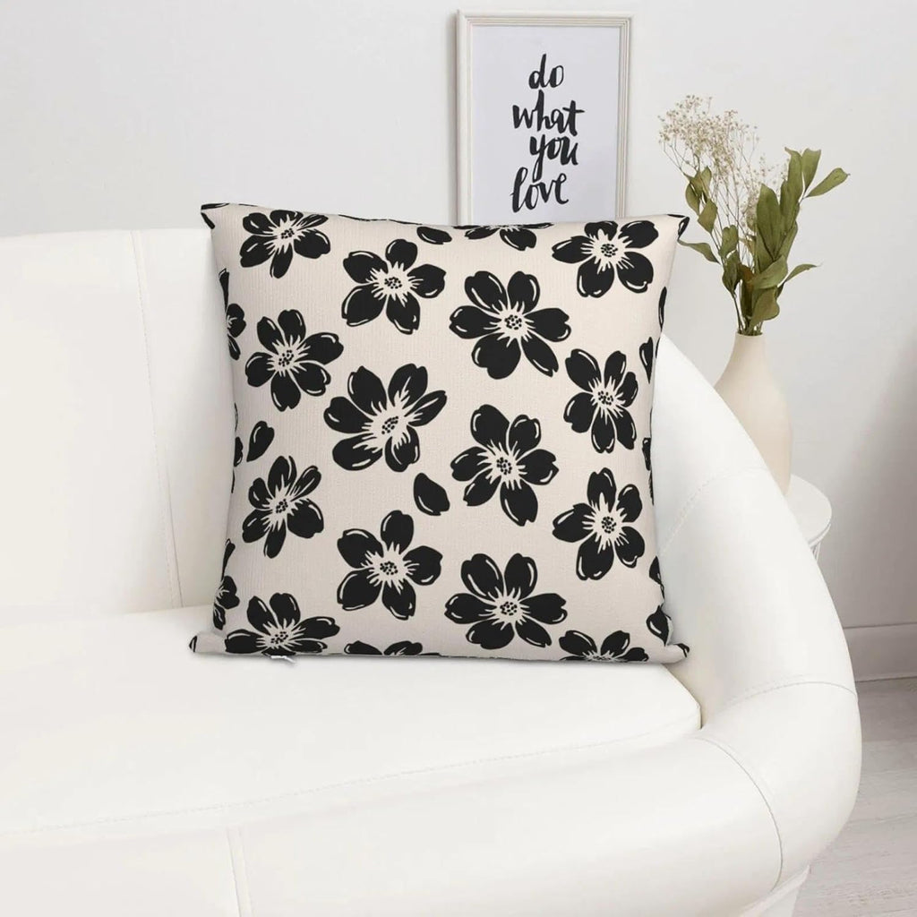 Decorative Black Floral Throw Pillow Covers 18 x 18 Inch Set of 2, Black Beige Lucky Flowers Cushion Cover Square Pillow Cases for Office Couch Sofa Bedroom Living Room Farmhouse Home Decor Cream