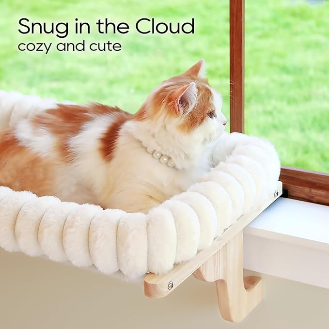 Zakkart SnugCloud Cat Window Perch with 4-Sided Bolster - Orthopedic Cat Hammock for Window Sill - Solid Hardwood & Metal Frame - Window Seat for Pets (Natural Color Wood w/White Bed, Large)