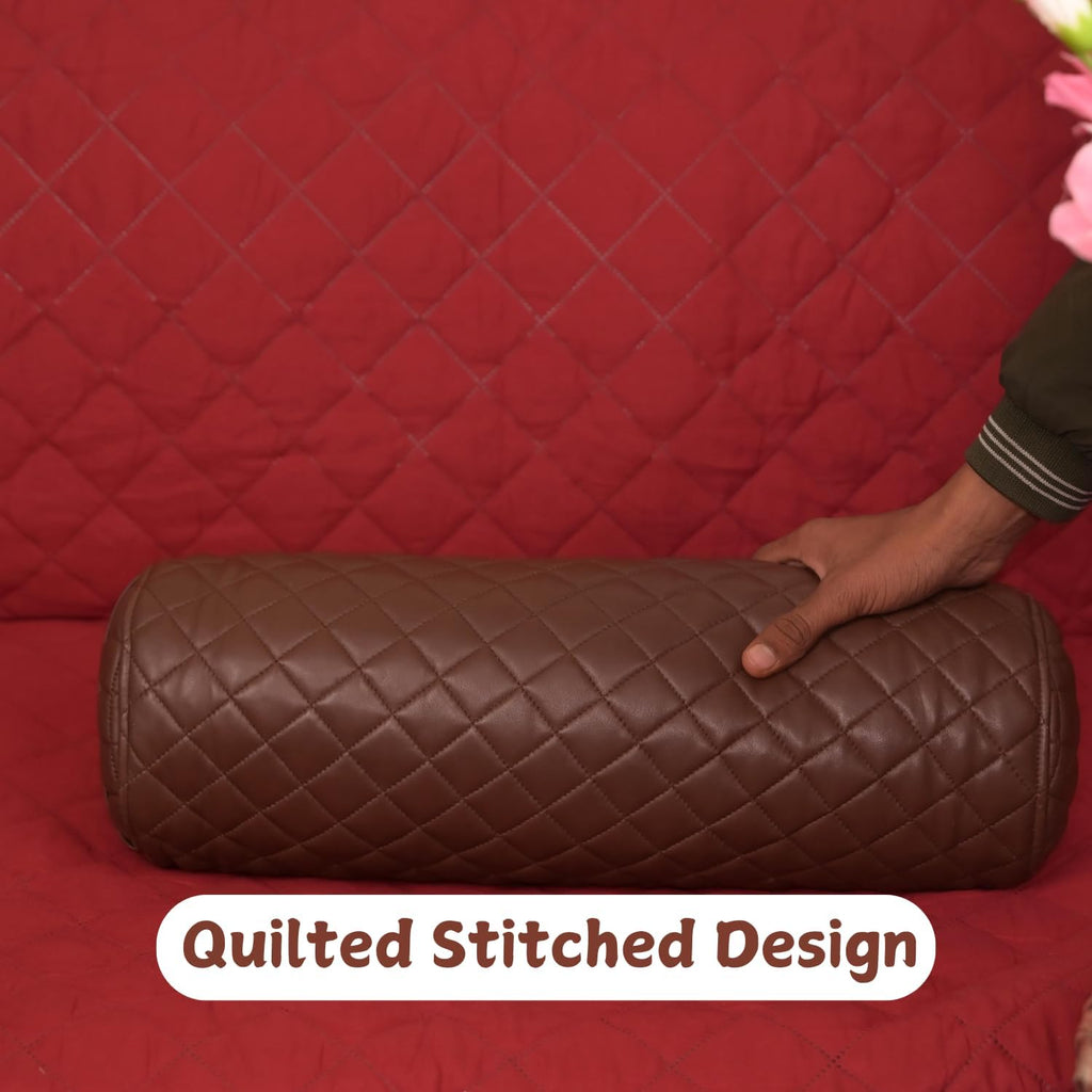 Neck Roll Pillow Cushion Cover, 14x6 Inch Full Moon Round Bolster Pillow Case, Cylinder Soft Lambskin Leather Pillowcase for Head, Spine & Neck Support During Sleep - Quilted Chocolate Brown Pack of 1