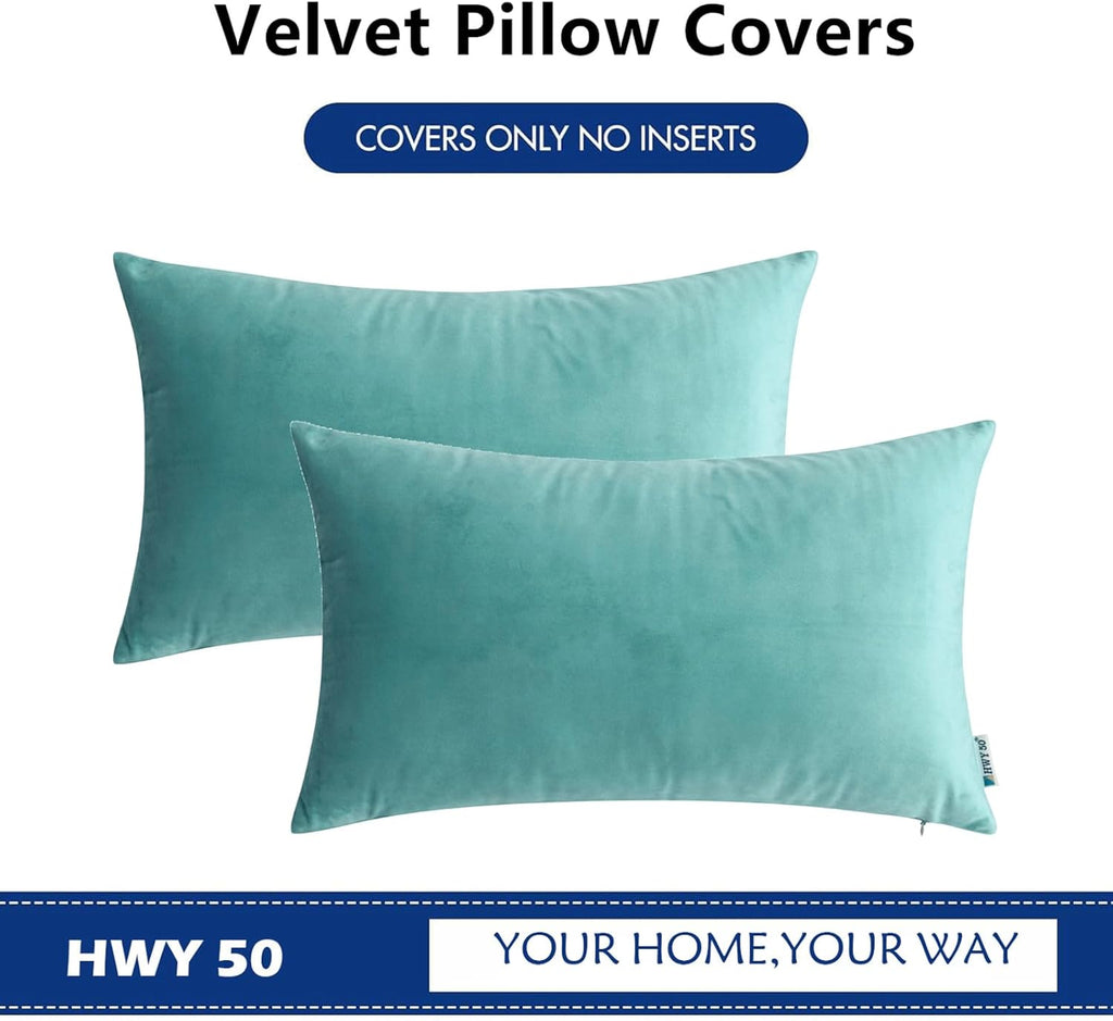 HWY 50 Teal Blue Velvet Rectangular Throw Pillow Covers 12x20 Inch, Pack of 2 Soft Cozy Solid Decorative Luxury Cushion Cases for Couch Sofa Bed Living Room Bedroom