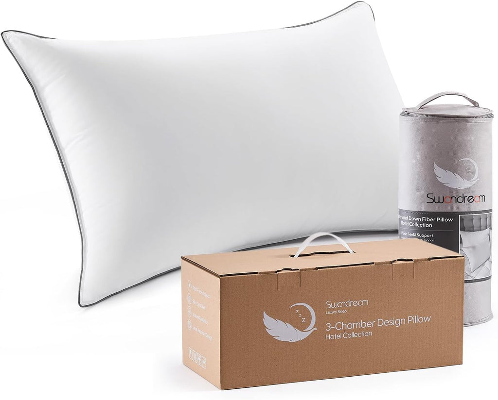 Goose Feather Down Fiber Standard Pillow Single Pack, Luxury 3-Chamber Pillows with Soft & Down-Proof Cover, Fluffy Plush Hotel Bed Pillows for Side, Back & Stomach Sleepers, 20"x26"