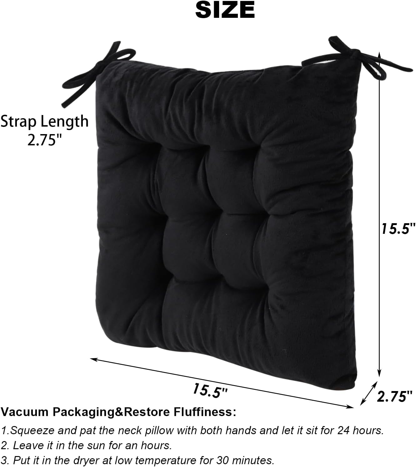 Set of 2 Chair Cushions for Dining Chairs with Ties, Indoor Non-Slip Kitchen Chair Pad and Dining Room Seat Cushion Mat for Office Living Room Outdoor 15.5" - Black