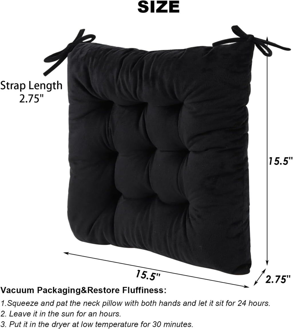 Set of 4 Chair Cushions for Dining Chairs with Ties, Indoor Non-Slip Kitchen Chair Pad and Dining Room Seat Cushion Mat for Office Living Room Outdoor 15.5" - Black