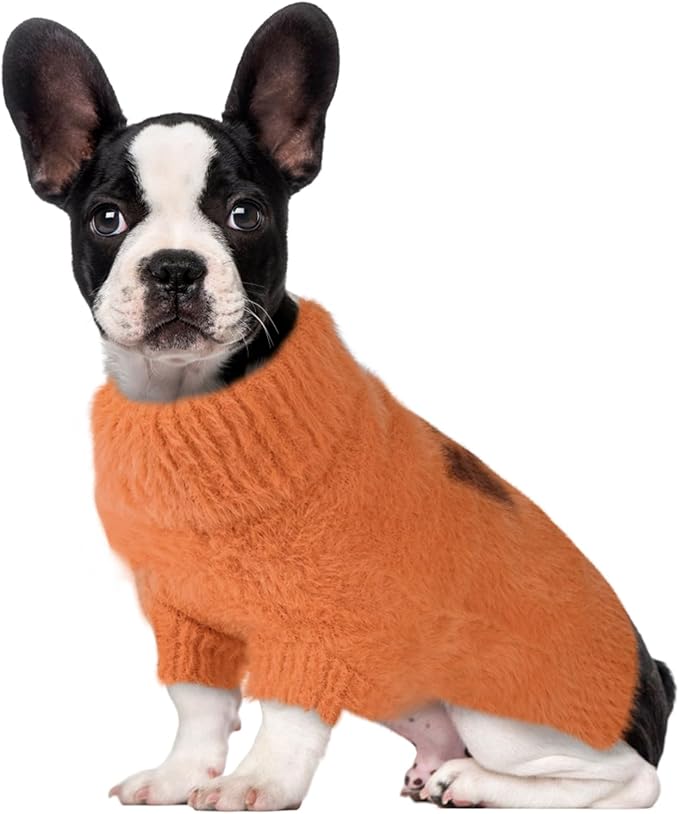Small Dog Furry Pullover Sweater, Classic Turtleneck Dog Clothes for Cold Weather Cute Warm Pet Clothes for Chihuahua, Bulldog, Dachshund, Pug Orange Medium