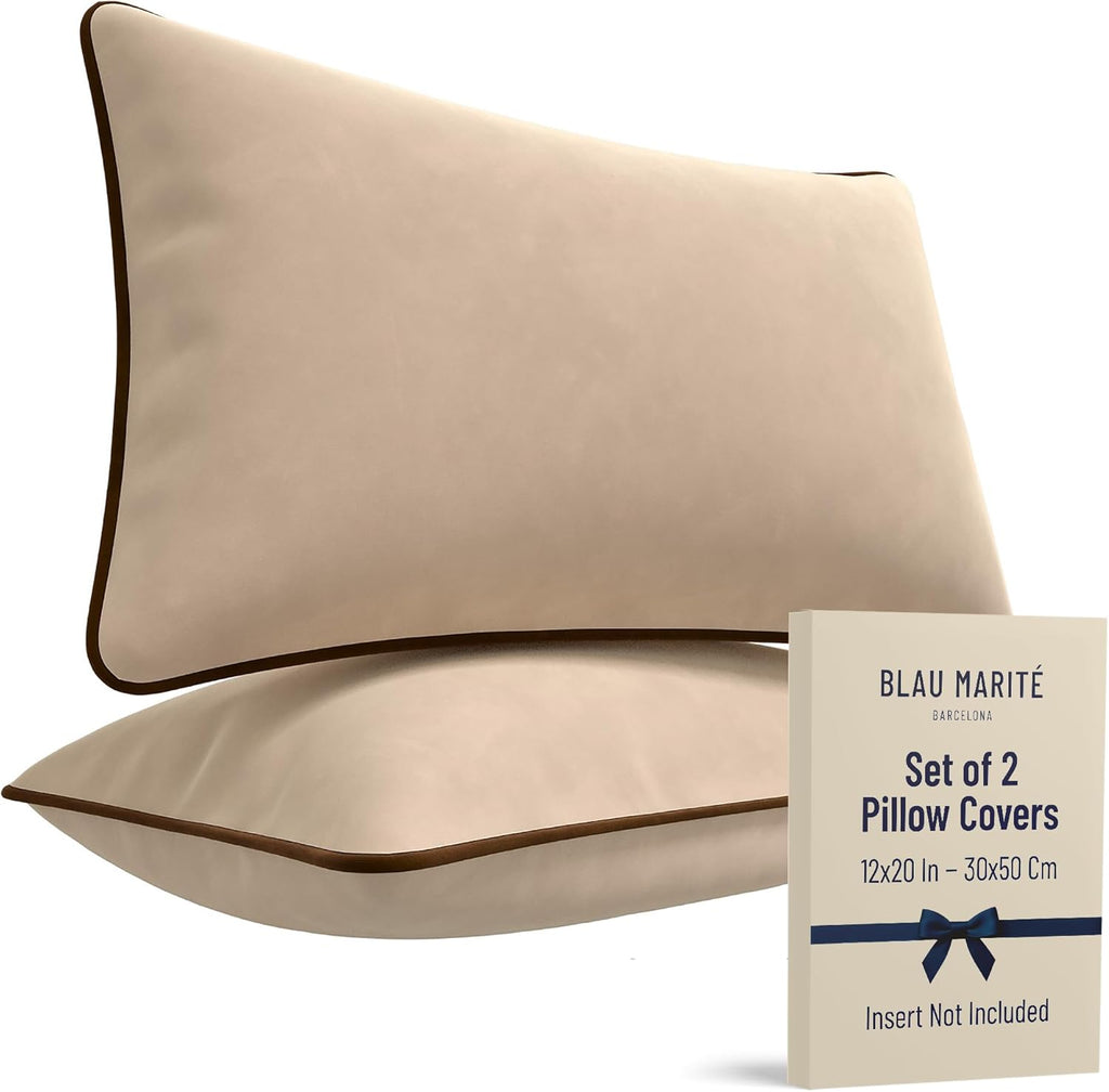 2 Pack Velvet Decorative Throw Pillow Covers, 12"x20", Beige and Brown, Solid, Modern, Contrast Piping, Indoor Use, Bedroom & Living Room