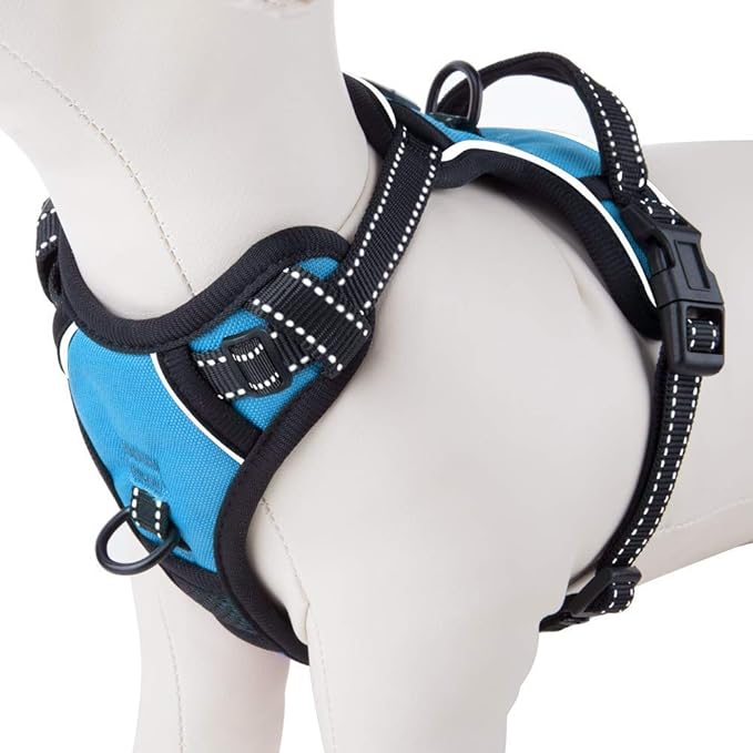 PHOEPET Reflective Dog Harness No Pull Large Breed Vest with 2 Metal Leash Attachment Hooks(L, Blue)