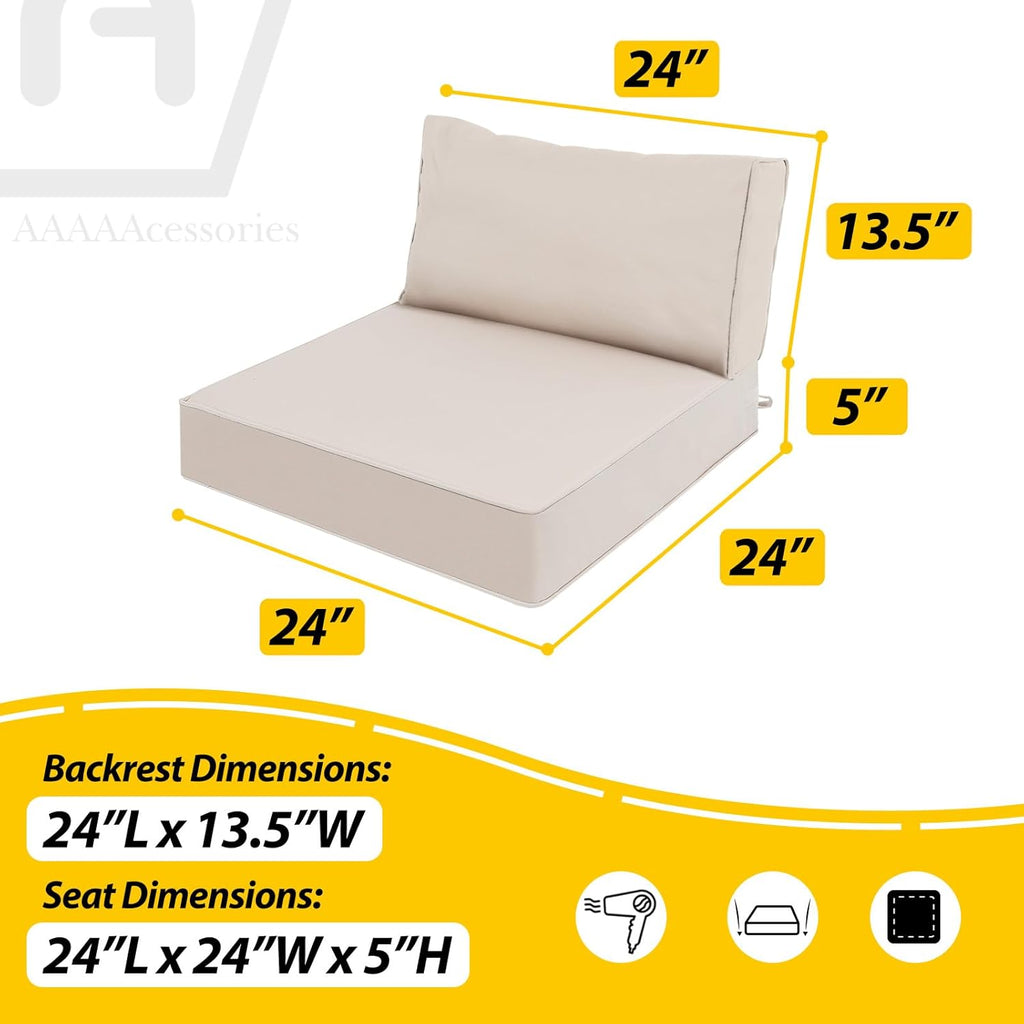 AAAAAcessories Outdoor Deep Seat Cushions, Waterproof, Fade-Resistant Patio Furniture Replacement Cushions, 24" x 24" x 5" + 24" x 13.5", Set of 4, Khaki Beige