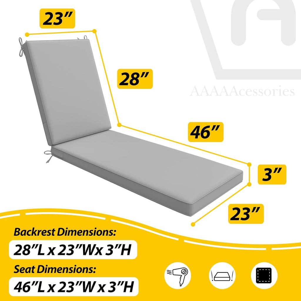 AAAAAcessories Outdoor Chaise Lounge Cushions, Waterproof, Fade-Resistant Patio Furniture Replacement Cushions, 74" x 23" x 3", Gray