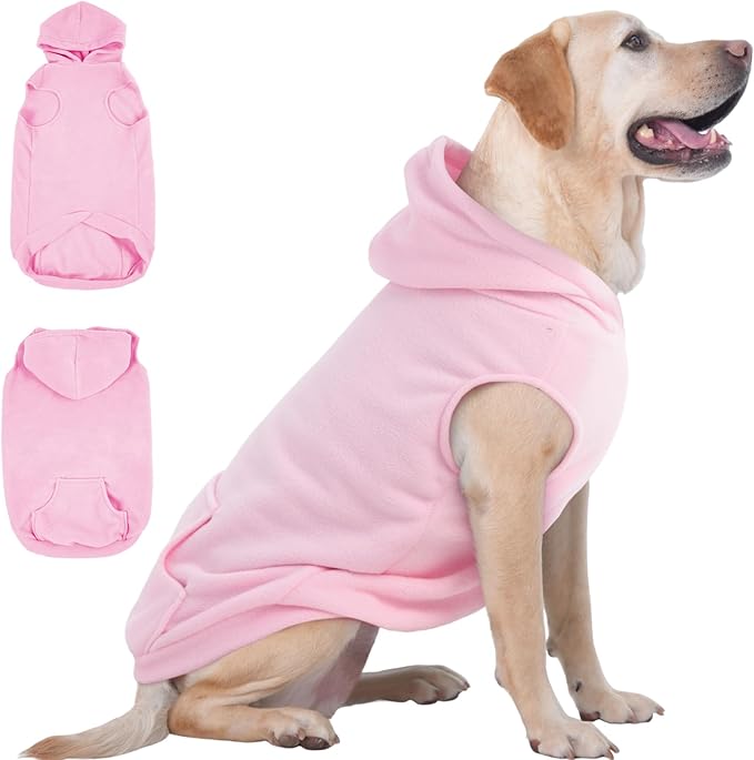IECOii XXL Dog Hoodie for Large Dogs, Fleece Dog Sweatshirt for Large Breed Male Female Dogs,Pet Pouch Hoodie Winter Sweater Coat with Leash Hole, Warm & Lightweight Outfit for Pitbull, Pink, 2XL