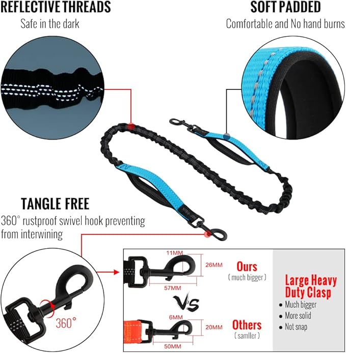 Plutus Pet Hands Free Dog Leash, Soft Padded Dual Handle Retractable Bungee Leash with Reflective Stitches, Adjustable Wasit Leash for Dog Walking Running Jogging, for Medium Large Dogs