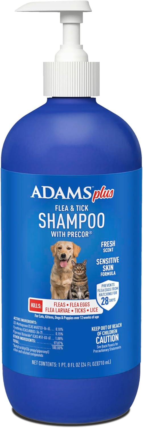 Adams Plus Flea & Tick Shampoo with Precor for Cats, Kittens, Dogs & Puppies Over 12 Weeks Of Age |Sensitive Skin Flea Treatment |Kills Adult Fleas, Flea Eggs, Ticks, and Lice |24 Oz, Pump Included