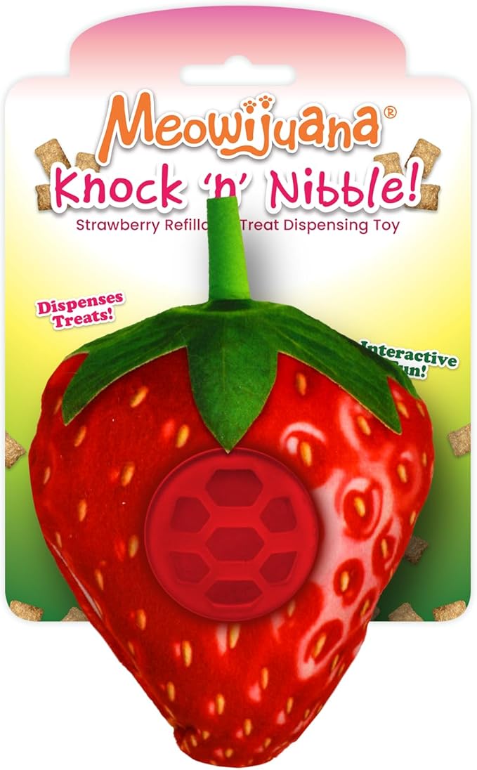Meowijuana Knock N' Nibble Strawberry | Refillable Treat Dispensing Cat Toy | Promotes Play and Cat Health | Interactive Puzzle Toy for Felines
