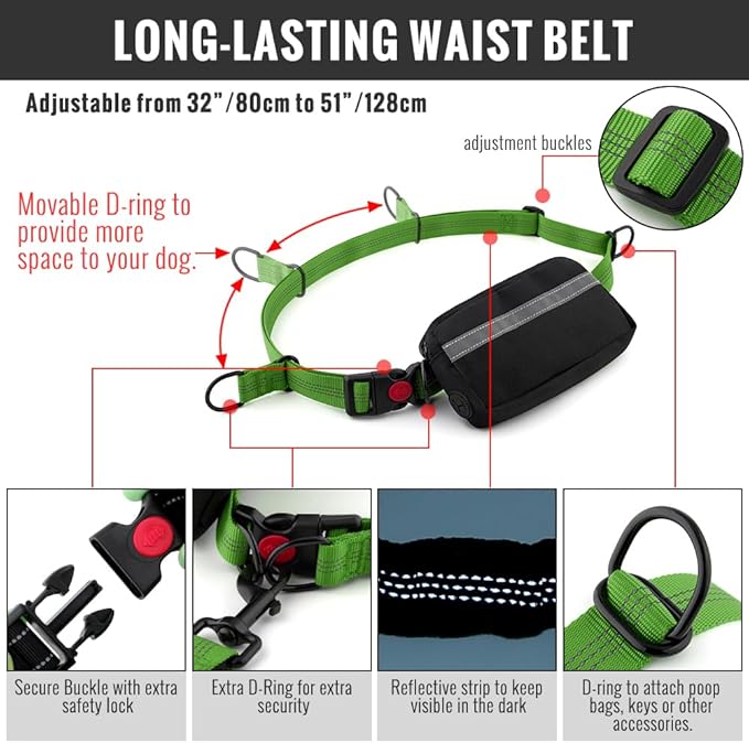 Plutus Pet Hands Free Dog Leash - Soft Padded Dual Handle Retractable Bungee With Reflective Stitches, Adjustable Waist for Walking Running Jogging - Medium Large Dogs