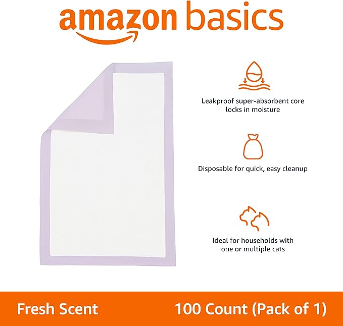 Amazon Basics Cat Pee Pads, 100 Count, Universal Fit for Litter Box, Odor Control with Fresh Scent, White/Purple