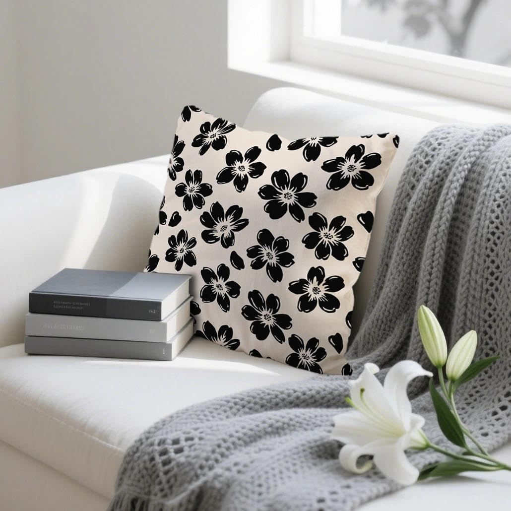 Decorative Black Floral Throw Pillow Covers 18 x 18 Inch Set of 2, Black Beige Lucky Flowers Cushion Cover Square Pillow Cases for Office Couch Sofa Bedroom Living Room Farmhouse Home Decor Cream