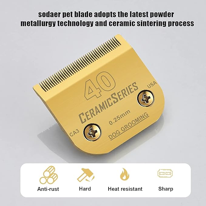 2 Packs #40 Clipper Blade Dog Grooming Compatible with Andis Clippers Carbon Infused Steel Detachable Ceramic Sharp Edge Also Compatible with Wahl/Oster Dog Clippers 1/100" 0.25mm Cut Length(Gold)