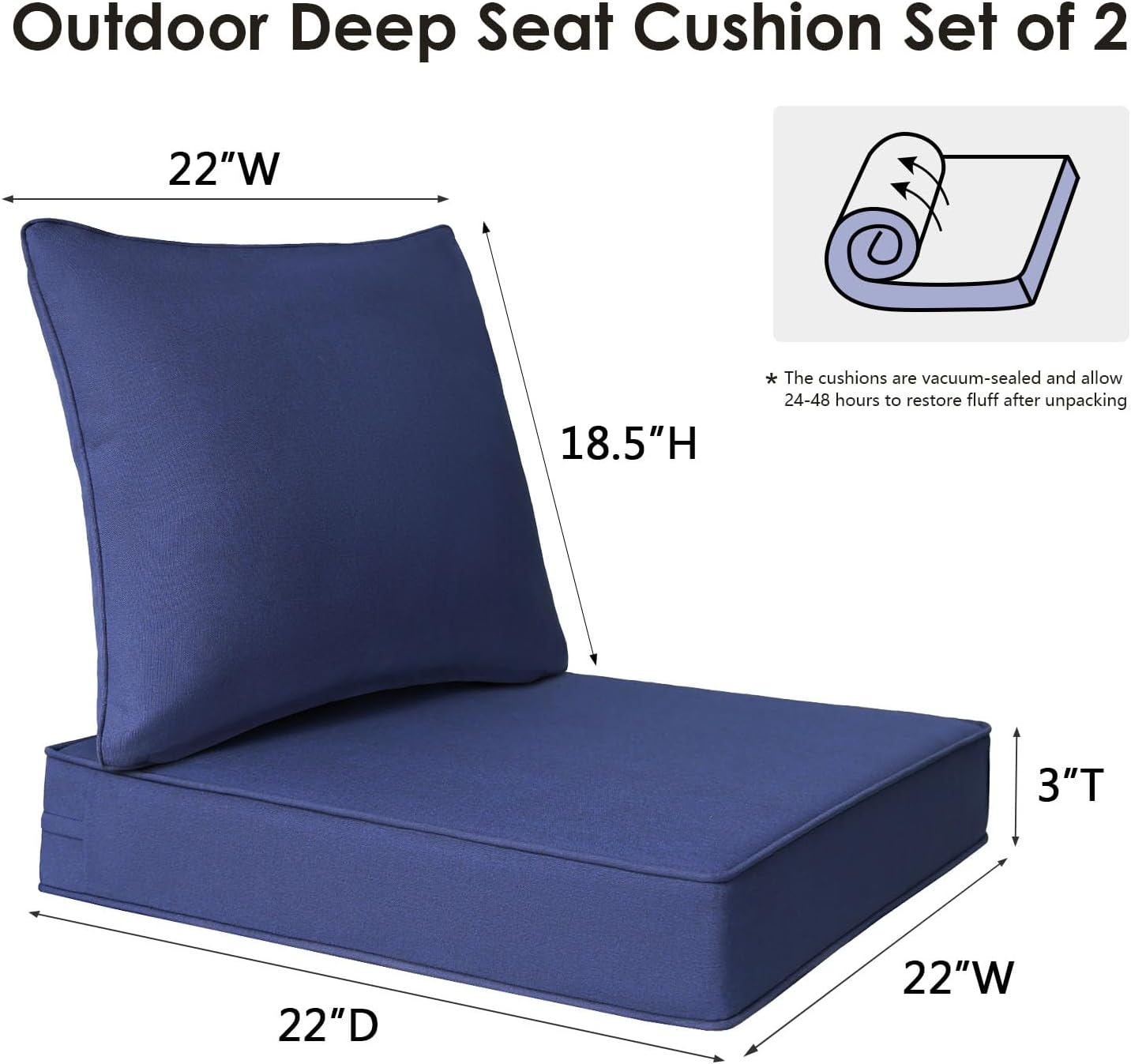 Outdoor Patio Chair Cushions Set, 22" x 22", Set of 2, Water-Repellent, Fade Resistant, Deep Seat Bottom and Back Cushion for Backyard, Couch, Sofa and Patio Furniture, Navy