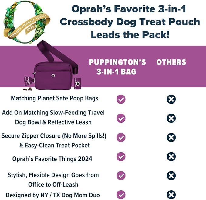 Puppington 3-in-1 Crossbody Dog Walking Bag & Treat Pouch with Matching Planet Safe Poop Bags & Built-In Dispenser - Dog Mom Gift for Puppy Training with Zippered Pockets (Plum Wine)
