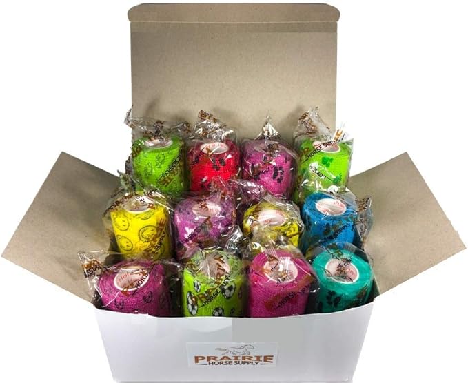 4 Inch Vet Wrap Tape Bulk (Black Paw Prints on Yellow, Red, Teal, Blue, Neon Green, and Neon Pink) (Pack of 24) Self Adhesive Adherent Adhering Flex Bandage Grip Roll for Dog Cat Pet