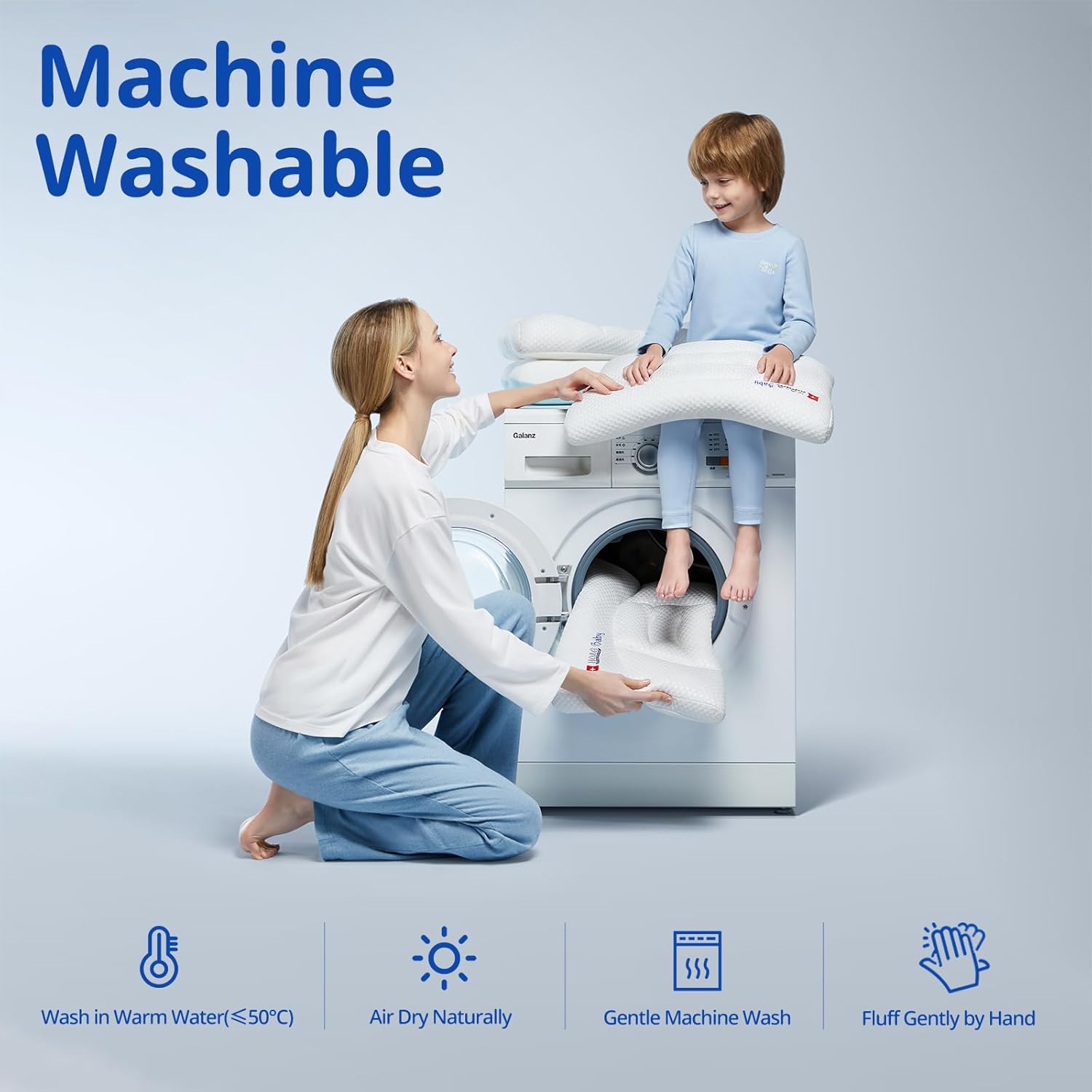 Toddler Pillow with Pillowcase, Breathable & Cozy Machine Washable Kids Pillow with Pillowcase, 21.6x13.8 Ergonomic Children Pillow for Boys and Girls Aged 6-12 (Blue, Height 3)