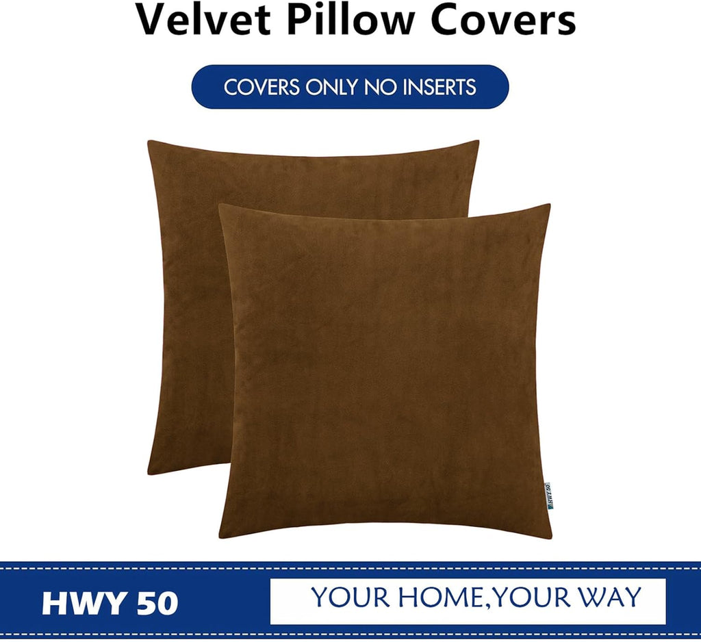 HWY 50 Coffee Velvet Throw Pillow Covers 22x22 Inch, Pack of 2 Soft Cozy Solid Decorative Luxury Cushion Cases for Couch Sofa Bed Living Room Bedroom