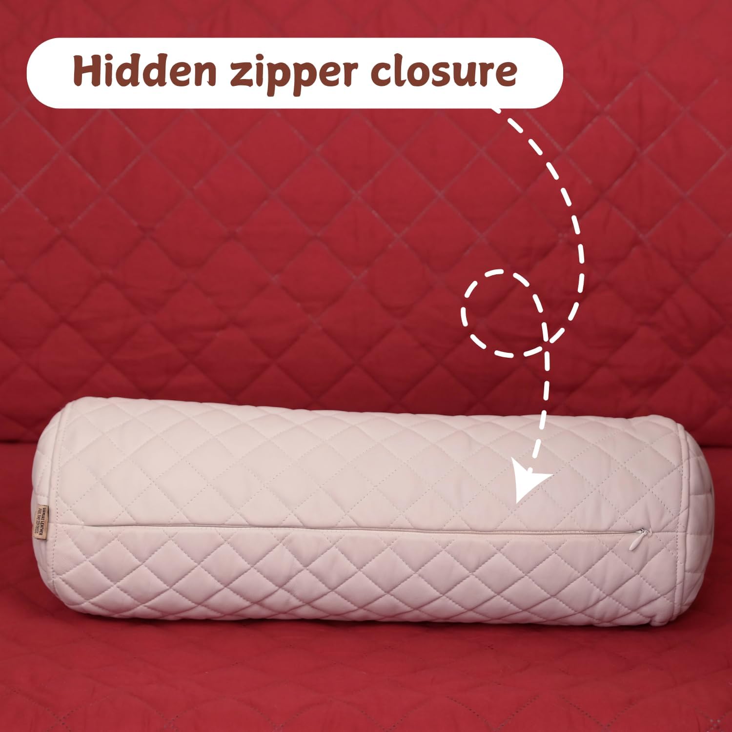 Neck Roll Pillow Cushion Cover, 22x6 Inch Full Moon Round Bolster Pillow Case, Cylinder Soft Lambskin Leather Pillowcase for Head, Spine & Neck Support During Sleep - Quilted White Pack of 1