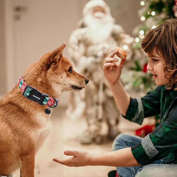 DOGWONG Christmas Cotton Dog Collar, Red Green Stripe Christmas Dog Collar Durable Soft Pet Collars Cute Red Necklace for Small Dogs