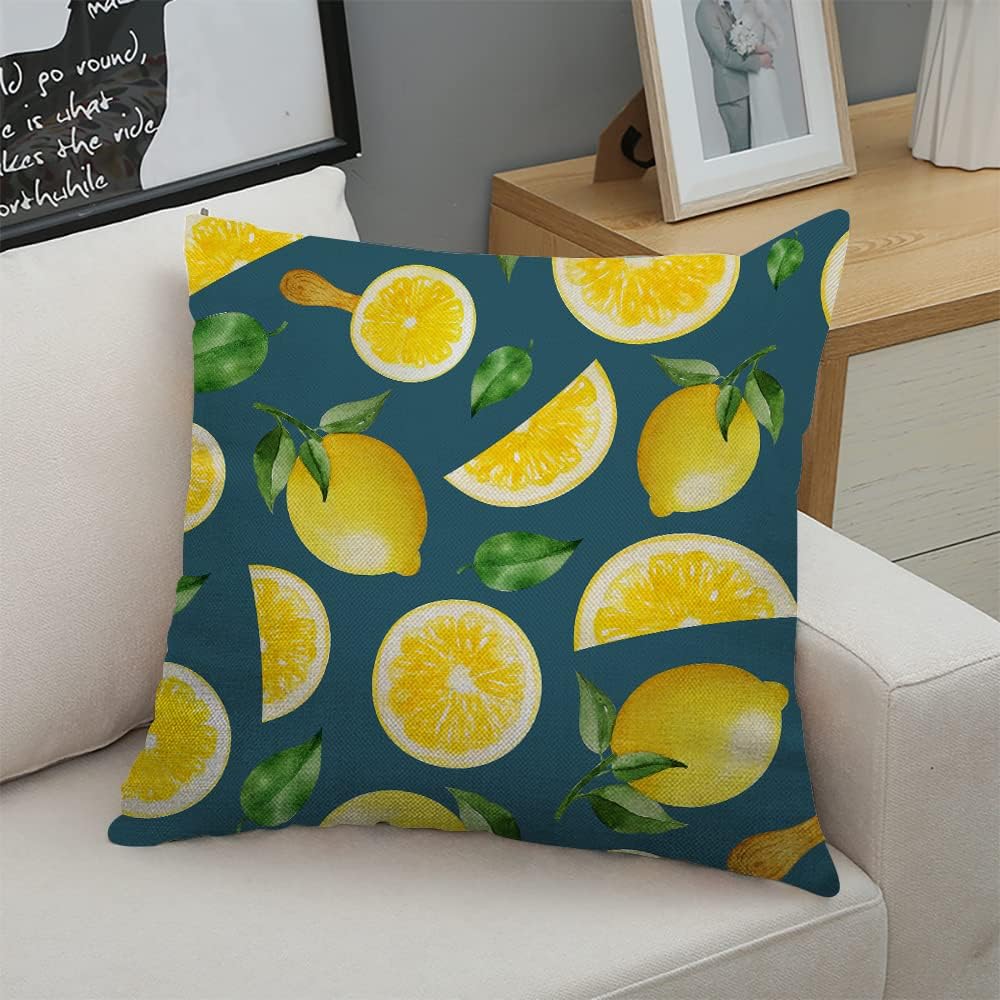 Decorative Square Throw Pillow Covers Lemons Mint Leafs Dark Blue Couch Sofa Bed Pillow Covers Cushion Cases 18x18 inch