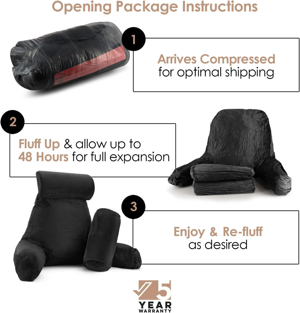 Nestl Reading Pillow with Shredded Memory Foam Includes 2 Neck and Lumber Support Pillows, Designed for Sitting Up in Bed and Couch, Back and Arms Adjustable Support for Adult & Teens, Black