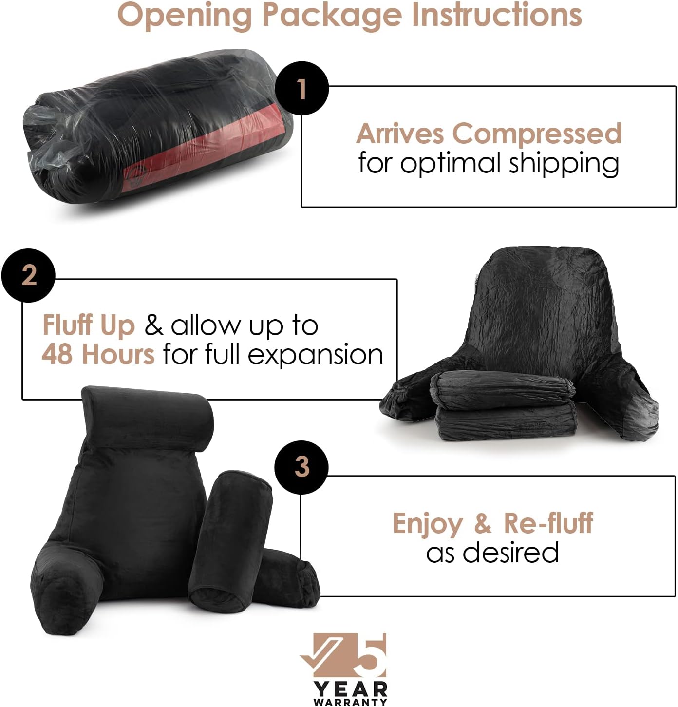 Nestl Reading Pillow with Shredded Memory Foam Includes 2 Neck and Lumber Support Pillows, Designed for Sitting Up in Bed and Couch, Back and Arms Adjustable Support for Adult & Teens, Black