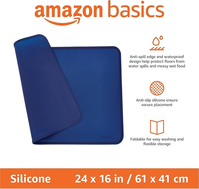 Amazon Basics Waterproof Anti-Slip Silicone Cat & Dog Food Mat, Pet Mats with Raised Edges for Food and Water Bowl to Protect Floors, 24 x 16 Inches, Blue, Solid