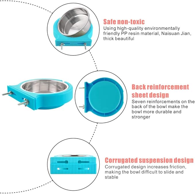 Crate Dog Bowl Removable Stainless Steel Water Food Feeder Bowls Cage Coop Cup for Cat Puppy Bird Pets (Large, Blue with Corrugated Clip)
