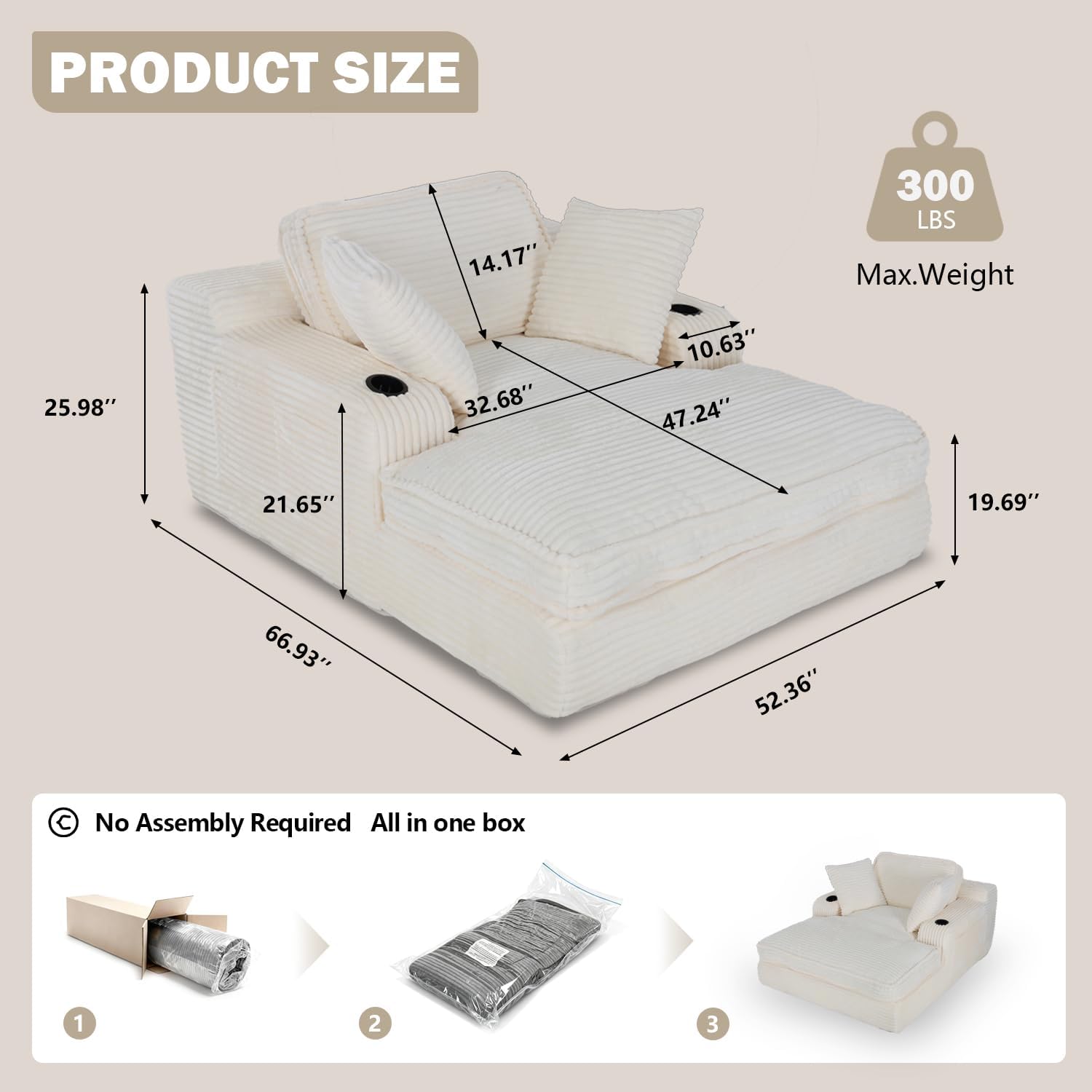 67" Oversized Fluffy Sleeper Chair Indoor, Cozy Cloud Couch with Cup Holders & Throw Pillows, Boneless Chaise Lounge Sofa for Living Room, Movie Room and Apartments, Beige