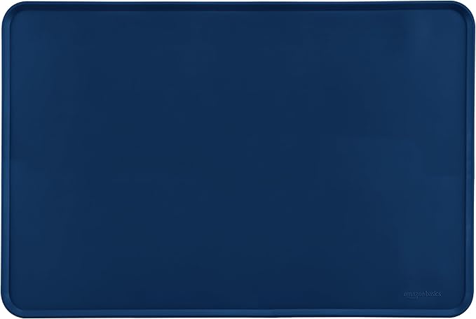 Amazon Basics Waterproof Anti-Slip Silicone Cat & Dog Food Mat, Pet Mats with Raised Edges for Food and Water Bowl to Protect Floors, 24 x 16 Inches, Blue, Solid