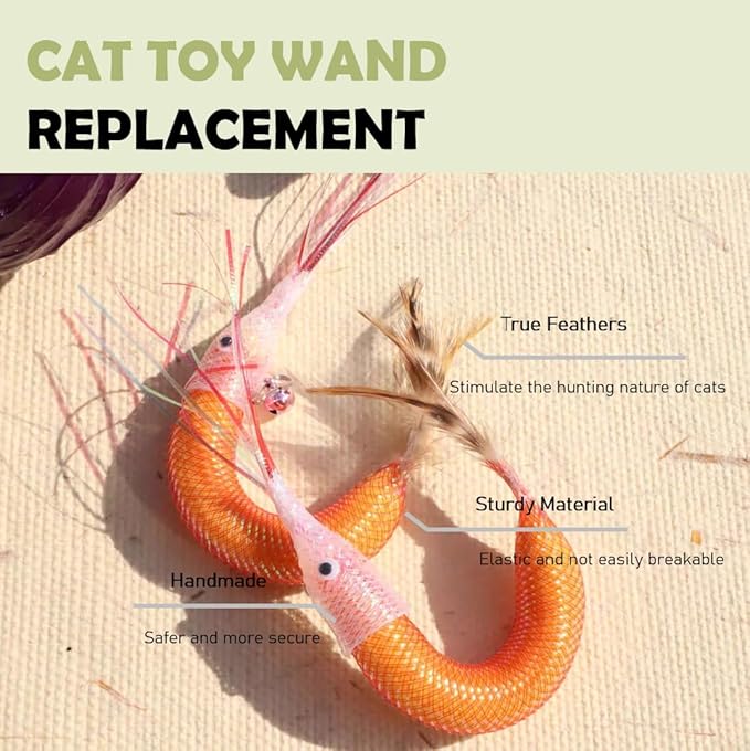 Cat Insect Feather Toys Replacement - 2 Pcs Handmade Natural Shrimps - Cat Toy Wand Refills - Interactive Kitten Teaser Wand Attachments - Kitty Toys for Indoor Cats Play