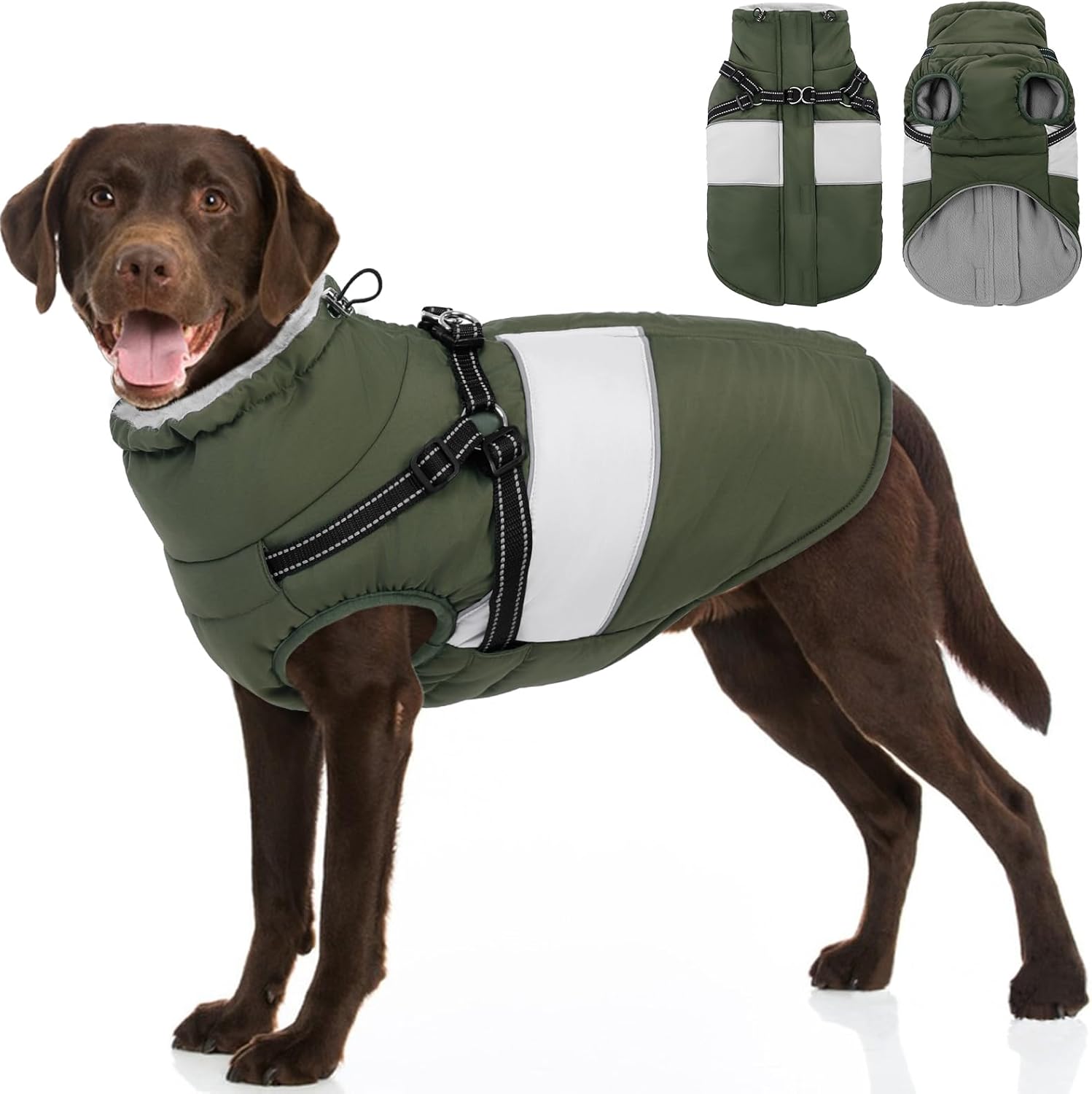 SUNFURA Dog Coat, XXL Dog Jacket Winter with Harness Built in, Waterproof Pet Snow Jacket with Furry Collar for Chilly Day, Reflective Fleece Snowsuit for Extra Large Dogs, Army Green 2XL