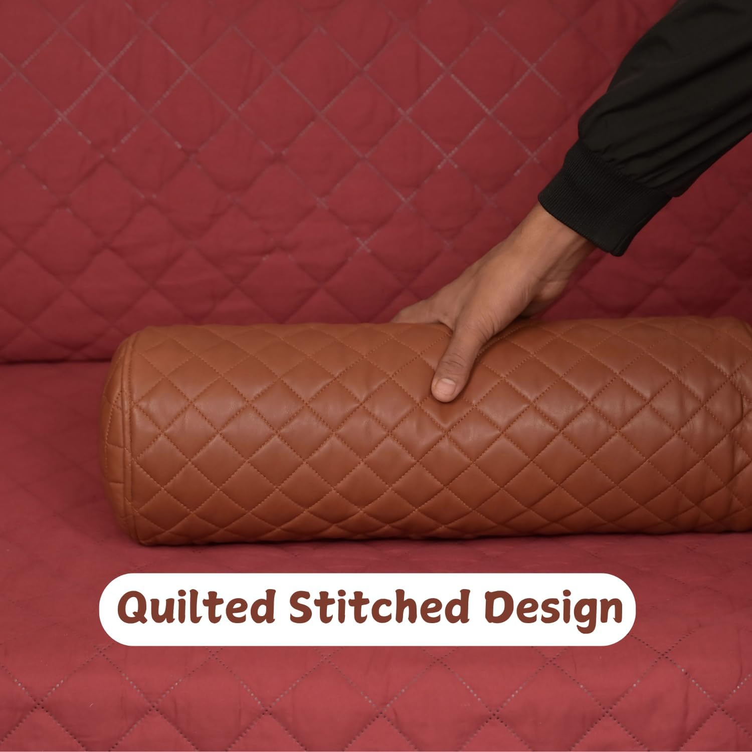 Neck Roll Pillow Cushion Cover, 16x5 Inch Full Moon Round Bolster Pillow Case, Cylinder Soft Lambskin Leather Pillowcase for Head, Spine & Neck Support During Sleep - Quilted Brown Pack of 1