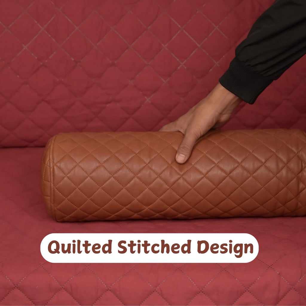 Neck Roll Pillow Cushion Cover, 20x6 Inch Full Moon Round Bolster Pillow Case, Cylinder Soft Lambskin Leather Pillowcase for Head, Spine & Neck Support During Sleep - Quilted Brown Pack of 1