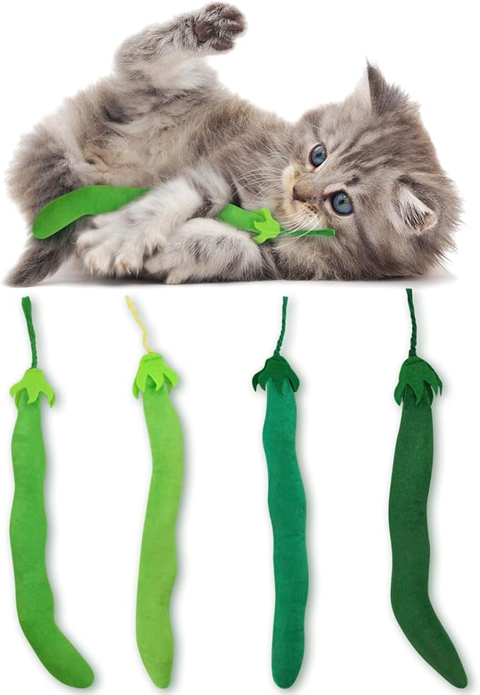CiyvoLyeen Catnip Toy, Green Bean Cat Toys Kitten Supplies Interactive Kicker Vegetables Vegan Dental Health Teething Chew Gift for Cat Lovers Indoor 4PCS