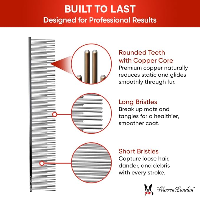 Warren London Carding Pro XL Comb 9in | Copper Grooming Comb with Dual-Length Teeth | Removes Undercoat, Loose Fur, and Dander | Groom like a Professional