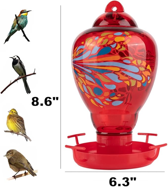 Colorful Glass Wild Bird Waterer 32 Oz Bird Water Feeder for Outdoors Garden Outside Water Cooler Tree Yard Decoration (Red)