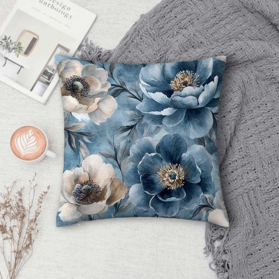 Throw Pillow Covers 18x18 Set of 2, Blue Floral Cushion Covers, Decorative Square Pillowcases for Couch, Bedroom, Living Room